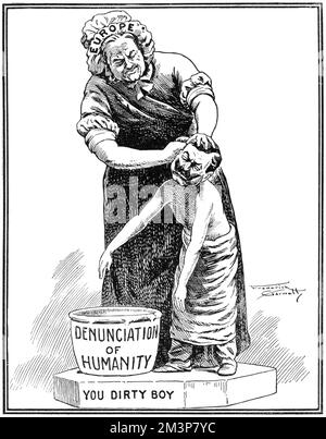 A cartoon depicting Europe as a sensible woman with sleeves rolled up, washing the ears of Kaiser Wilhelm II with a washing bowl labelled, 'Denunciation of Humanity.'  The cartoon was a pastiche of the famous Pear's Soap advertisement 'You Dirty Boy.'     Date: 1914 Stock Photo