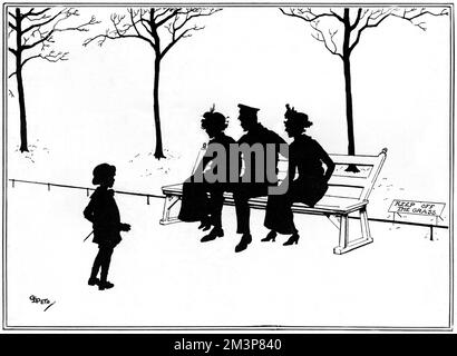 A silhouette showing a scene in a park with a British soldier seated on a bench in between two ladies.  A small child, described as an 'enthusiast' in the caption asks politely, &quot;Would you mind moving your arm just a minute please:  I do want to see if you're a sergeant.&quot;     Date: 1915 Stock Photo