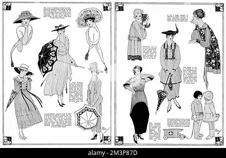 A double page spread from The Tatler giving examples of economical outfits which could be purchased in wartime.  Extravagant evening dresses are not featured but instead coat frocks, summer frocks and tailored suits predominate from retailers such as Harrods, Debenham &amp; Freebody, Marshall &amp; Snelgrove, Swears &amp; Wells, Harvey Nichols, Peter Robinson and Gorringe.  Note the children playing with a toy Red Cross ambulance.  1917 Stock Photo