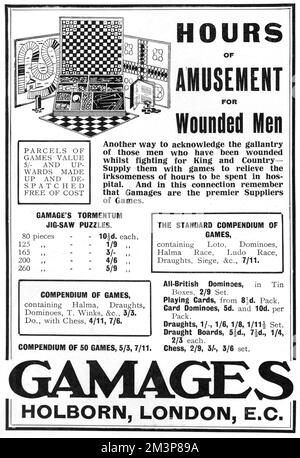 An advertisement for Gamage's, the famous toy store in Holborn, London, advertising its wide range of board games, jigsaw puzzles and compendiums, ideal for wounded men.       Date: 1914 Stock Photo