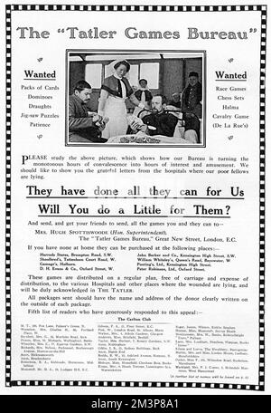 Advertisement for the Tatler magazine's campaign during the First World War to gather donations of board games, chess sets, playing cards, jigsaw puzzles etc for the entertainment of wounded soldiers in hospitals.  The page shows a photograph of convalescents playing cards, a further appeal and a list of some of the latest donors, including the Carlton Club.     Date: 1914 Stock Photo