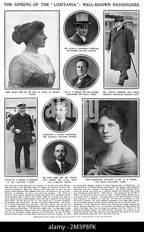A page from The Sketch reporting on prominent personalities, on board the Lusitania, sunk by a German torpedo on 7 May 1915.  Top left is Lady Allan, wife of Sir Hugh M. Allan of Canada, President of the Merchants' Bank of Canada (saved), Top middle is Alfred G. Vanderbilt, the American millionaire (lost), below that, Mr D. A Thomas, coat-owner and M.P. (saved), top right, Charles Frohman, the famous theatrical manager (lost), bottom right, Lady Mackworth (saved), Bottom middle, Hugh Lane (lost), above him, Commander J. Foster Stackhouse, Antartic explorer, bottom left, Captain W. T. Turner in Stock Photo