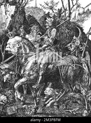 A dark and grisly illustration inspired by the famous engraving, Knight, Death &amp; the Devil by Albrecht Durer, depicting the Kaiser riding a Bismarck-headed horse, with a baby skewered on his lance and various terrifying creatures lining his route.        Date: 1915 Stock Photo