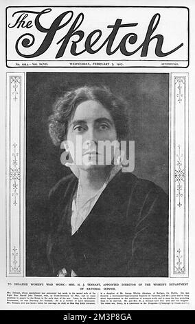 Front cover of The Sketch magazine featuring Mrs H. J. Tennant, formerly May Edith Abraham (1869-1946) wife of Harold John Tennant, the ex-Under-Secretary for War, and Co-Director of the Women's Department of National Service, established at St. Ermin's, Westminster. Mrs Tennant was the daughter of Mr George Abraham of Rathar, Co. Dublin and the first woman to be appointed Superintendent (or Lady Inspector) of Factories. She was assisted in the role at the Women's Department of National Service by Miss Violet Markham. When the National Service Department was set up, a Womens Branch was establi Stock Photo
