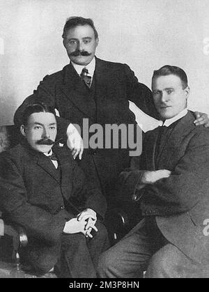 The makers of &quot;It's a Long, Long Way to Tipperary&quot; - Harry Williams, part-composer and author; Mr Bert Feldman, the publisher and Jack Judge, part-composer and author (seen from left to right).  The song was universally popular among British soldiers at the front and in training during the First World War.  At the date of publication of this photograph, the song, which had struggled to find a publisher and audience before the war, had sold two million copies in Great Britain and nearly three million in the United States.       Date: 1915 Stock Photo