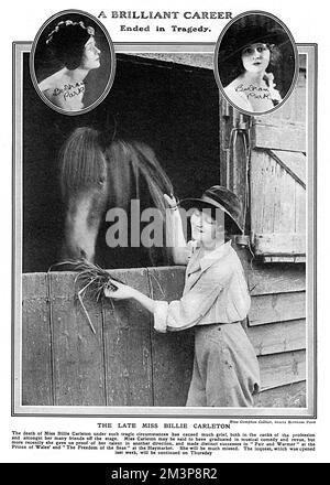 Page from The Tatler reporting on the tragic death of the young actress, Billie Carleton, who was found dead, apparently of a drug overdose, the morning after she had appeared at the famous Victory Ball at the Royal Albert Hall, held to celebrate the end of the First World War.  Billie Carleton (4 September 1896  28 November 1918) was an English musical comedy actress during the First World War. She began her professional stage career at age 15 and was playing roles in the West End by age 18. She appeared in the hit musical The Boy (1917), which led to a starring role in The Freedom of the Sea Stock Photo