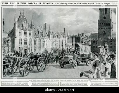 With the British forces in Bruges, Belgium in October 1914. British troops passing across the Grand Place at Bruges during the retirement of the Belgian army from Antwerp. &quot;It was a very extraordinary sight to see the British Tommies .. and the London omnibuses, too, seemed strange. But it was good to see it.&quot;     Date: 16th October 1914 Stock Photo