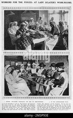 A page from The Sketch showing society ladies hard at work at the work rooms of Lady Sclater at 18 Pont Street, London.  In the top photograph, a group are making life-saving waistcoats for men on mine-sweepers and the second photograph shows the slipper making room.  The first parcel was sent out by Lady Sclater from 40 Lowndes Street on 18 August 1914.   To give some idea of the output, 19,813 ladies attended the work rooms between January and June 1917 and during that six month period, 174,000 articles were made and despatched.       Date: 1918 Stock Photo