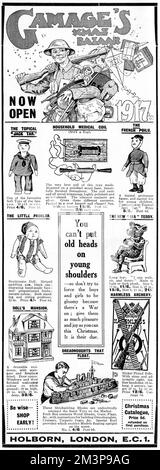 An advertisement for the famous Gamage's store on Holborn, London, promoting their annual Christmas bazaar. Typically for the period, the war dominates the themes of toys on offer including a Jack Tar British sailor and French Poilu, a build-your-own floating dreadnought and a 'harmless' archery set.        Date: 1917 Stock Photo