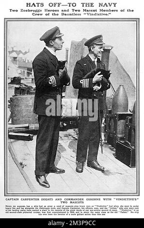 Vice-Admiral Alfred Carpenter VC (17 September 1881  27 December 1955) was a Royal Navy officer who was awarded the Victoria Cross for his command of HMS Vindictive during the Zeebrugge Raid on the night of 22/23 April 1918.  Pictured with Commander Osborne (on the left) holding the ship's mascots - two black cats.     Date: 1918 Stock Photo