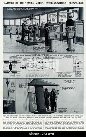 Queen Mary ocean liner: Steering-wheels; crow's nest Stock Photo