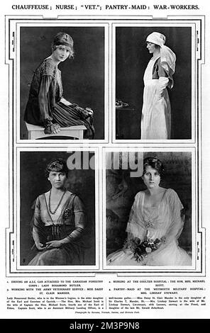 A page from The Sketch featuring four society ladies involved in war work.  Top left is Lady Rosamund Butler, elder daughter of the Earl and Countess of Carrick, who was in the Women's War Service Legion and attached to the Canadian Forestry Corps where she drove an Army Service Corps car.  Top right is the Hon. Mrs Michael Scott, wife of the the fourth son of the Earl of  Eldon, who was nursing at the Coulter Hospital in Grosvenor Square.  Bottom right is Mrs Lindsay Stewart who was a pantry-maid at Weymouth Military Hospital and bottom left is Daisy St. Clair Mander who was working with the Stock Photo