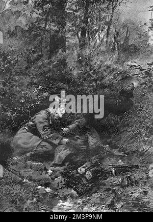 Friendships forged for ever upon the battlefield. Two soldiers, one a British private, the other a French artillery sergeant, lying in the deep shadow of the trees not far from the Lys river to the south of Hazebrouck in the Foret de la Nieppe. Both were wounded and had lost their way; the cur&#x99f3; dog was watching and fetched help. A rather sentimental depiction.     Date: 1914 Stock Photo