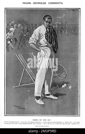 Illustration by Frank Reynolds showing a young man in tennis whites smoking a cigarette hesitating while the rest of the country rush to the colours at the outbreak of the First World War.  The caption comments that this was the moment that the modern young man, the much-satirised 'Nut' could show that he would make a fine soldier.     Date: 1914 Stock Photo