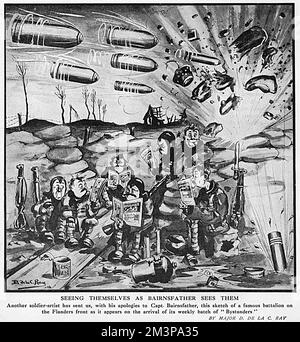 A homage to the cartoons of Bruce Bairnsfather in The Bystander, drawn by an amateur soldier artist, Major D. de la C. Ray.  The picture shows a typical Bairnsfatheran scene with a number of Tommies similar to his characters Old Bill and Bert sitting in the trenches reading The Bystander (what else?) while shells whiz menacingly overhead.       Date: 1916 Stock Photo