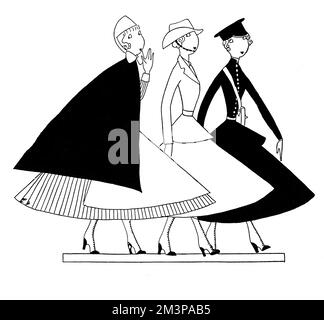 Illustration by Annie Fish in The Tatler's Letters of Eve column, demonstrating the kinds of uniform worn by working women during the First World War.  This particular picture shows a nurse, a WAAC member and a bus conductor.       Date: 1915 Stock Photo