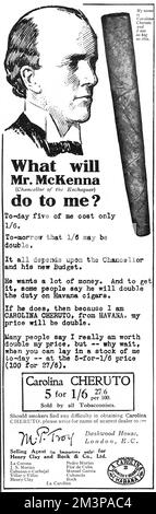 Carolina Cheruto cigar advertisement, Reginald McKenna taxes Stock Photo