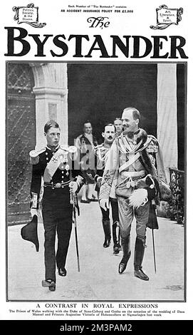 Front cover of The Bystander showing Edward, Prince of Wales (later King Edward VIII, then Duke of Windsor) in the uniform of a naval lieutenant, attending the wedding of ex-King Manuel of Portugal and Princess Augusta Victoria of Hohenzollern at Sigmaringen in Southern Germany, the home town of the bride.  With him, is the Duke of Saxe-Coburg and Gotha, formerly Prince Charles Edward of Albany, son of Prince Leopold and cousin to King George V.       Date: 1913 Stock Photo