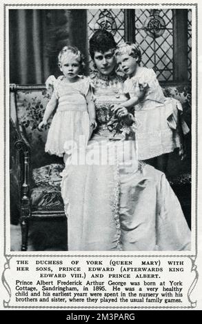 Duchess of York (later Queen Mary consort), with her two eldest sons, (left) Prince Albert, Duke of York (later King George VI), (1895  1952), and (right) Prince Edward of Wales (later King Edward VIII), and then Duke of Windsor.  Circa 1897 Stock Photo