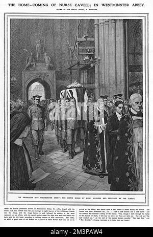 The coffin of Nurse Edith Cavell, draped in a flag, is carried into Westminster Abbey on 15 May 1919. English nurse, Edith Cavell (1865-1915), was executed by the Germans on 12 October 1915 for helping allied soldiers escape from German-occupied Belgium. Her remains were transferred to the UK after the war ended, and a memorial service held in Westminster Abbey, London. She was buried at Life's Green, near Norwich Cathedral, on 19 May.      Date: 1919 Stock Photo