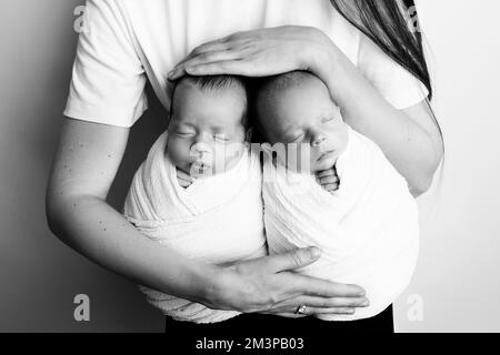 Tiny Newborn Twins Boys In White Cocoons On A White Background A