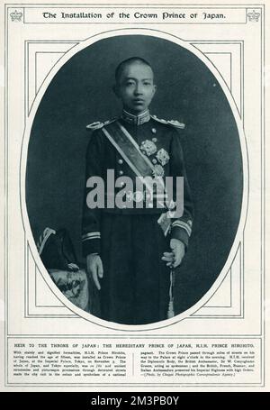 Prince of Japan H.I.H Prince Hirohito (1901 - 1989), 124th Emperor of Japan according to the traditional order, reigning from December 1926, until his death in 1989.  Photograph shown here reaching the age of fifteen, was installed as Crown Prince of Japan, at the Imperial Palace, Tokyo, on 3rd November 1916.     Date: 1916 Stock Photo