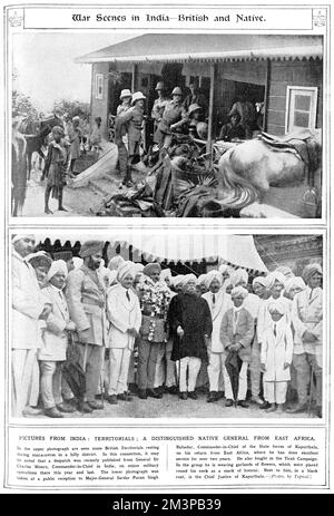 In the top photograph British Territorials rest during manoeuvres in a hilly district. The lower picture was taken at a public reception to Major-General Sardar Puran Singh Bahadur, Commander-in-Chief of the State forces of Kapurthala, on his return from East Africa. He is shown in the group wearing garlands of flowers placed round his neck as a mark of honour.     Date: 1917 Stock Photo