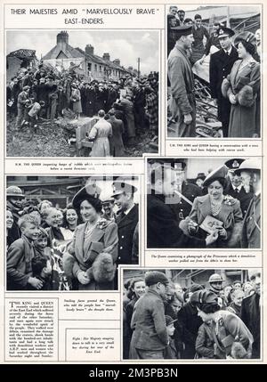 King George VI and Queen Elizabeth visiting the East End of London, which suffered fierce bombing. They walked over debris examined the damage and the craters shook hands with the bombed-out inhabitants and had a long talk with demolition workers. Stock Photo