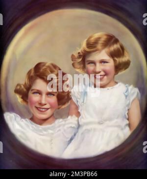 Princesses Elizabeth and Margaret, c1937. Princesses Elizabeth, later Queen Elizabeth II (1926-2022) and Princess Margaret, later Princess Margaret, Countess of Snowdon (1930-2002), photographed aged approximately 11 and 7 years old. Stock Photo