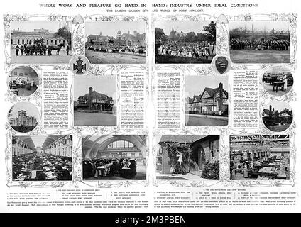 Double page spread from The Illustrated London News showing scenes at Port Sunlight, the model village built by William Lever (Lord Leverhulme) to house workers at his soap factory.  The village provided spacious accommodation and every conceivable amenity for its inhabitants, as represented in the photographs here showing the Boys' Brigade, the bowling club, office scenes, schools and the church.     Date: 1910 Stock Photo