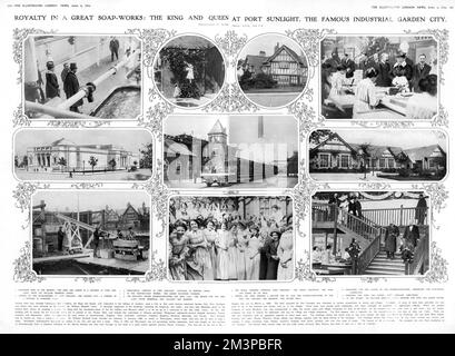 Double page spread from the Illustrated London News covering the visit of King George V and Queen Mary to Port Sunlight, the famous model village and progressive community built by William Hesketh Lever (Lord Leverhulme) to house his employees.  During the visit, the King laid the foundation stone to the Lady Lever Art Gallery, which was built in memory of his wife to house Leverhulme's art collection for the benefit of the public.     Date: 1914 Stock Photo