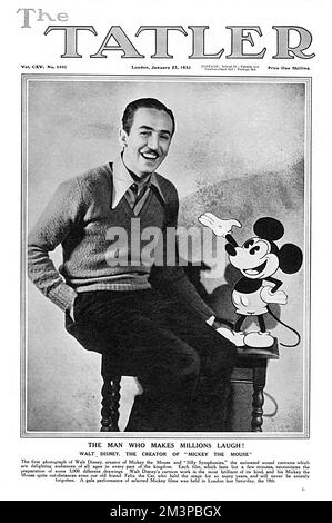 Walt Disney (1901-1966), film producer and animation supremo, pictured on the front cover of The Tatler in January 1930 with his creation, Mickey Mouse.       Date: 1930