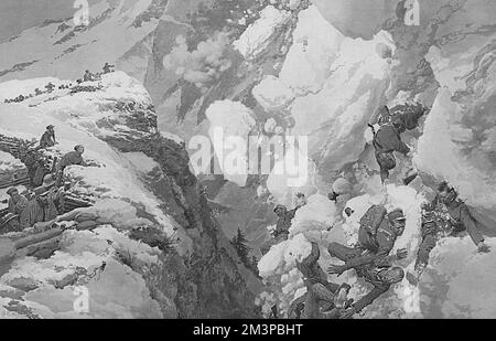 Italian troops entrenched on a crest in the High Alps watch as Austrian soldiers are swept away by an avalanche due to the gradual melting of snow.  Both sides suffered losses due to avalanches during the Alpine campaign.     Date: 1916 Stock Photo