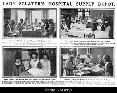 Four photographs in the Sphere magazine reporting on the War Hospital Supply Dept opened in August 1915 by Lady Sclater, wife of Lieut.-General Sir H. Sclater at 18 Pont Street, London to supply garments and surgical requisites to war hospitals at home and abroad.  The work was purely voluntary and done under the supervision of Lady Sclater herself. In a six month period from January to June 1917, 19,813 ladies attended, making and despatching a staggering 174,000 articles from life-saving waistcoats for men on mine-sweepers to hospital slippers.       Date: 1916 Stock Photo