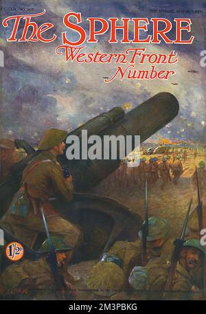 The front cover of The Sphere Western Front Number, a special expanded issue (dated 26 May 1917) which included a full page colour portrait of Field Marshal Sir Douglas Haig, and a double page colour illustration by Fortunino Matania. This cover illustration (possibly by Christopher Clark) shows an optimistic view of the British forces, including infantry, tanks, artillery and aircraft, advancing steadily forward.     Date: May 1917 Stock Photo