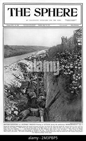 Front cover of The Sphere with a photograph showing British infantry in a support trench waiting to attack during the preliminary bombardment preceding the attack on 1 July 1916, the first day of the Battle of the Somme. Note the flowers by the side of the trench which were growing profusely.  The magazine notes that a number of soldiers picked them and 'stuck them jauntily in buttonhole and cap.'       Date: 1916 Stock Photo