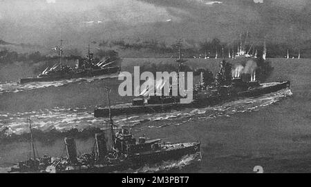 A scene of the night-time action on Friday 28 March during the Battle of Cape Matapan, off the Greek Peloponnesian peninsula, as British Royal Navy warships bombard the Italian battleships. Several Italian ships were sunk or severely damaged during the engagement     Date: 27 - 29 March 1941 Stock Photo