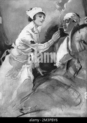 &quot;Out of the frying-pan into the fire.&quot; A wounded man in hospital has his cigarette lit by a very pretty attending nurse.       Date: 1914 Stock Photo