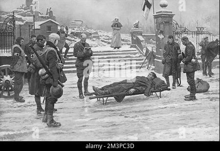 A moving scene by Sphere special artist, Fortunino Matania showing an Army padre reading a brief funeral service in the snow for a dead British soldier who lies, covered by a great coat on a stretcher in the centre of the picture while his comrades, and a Red Cross nurse stand to pay their respects.       Date: 1918 Stock Photo