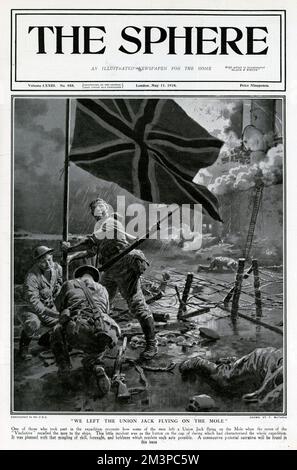 Sphere cover - Zeebrugge raid, crew fix Union flag, WW1 Stock Photo