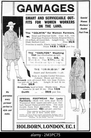 Advertisement for Gamages, the famous Holborn department store, promoting their 'smart and serviceable outfits for women workers on the land,' during the First World War.      Date: 1918 Stock Photo