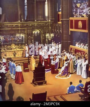His Majesty King George VI (1895-1952), being asked to swear his coronation oath. George VI's coronation took place on 12th May 1937 at Westminster Abbey, the date previously intended for his brother Edward VIII's coronation. Stock Photo