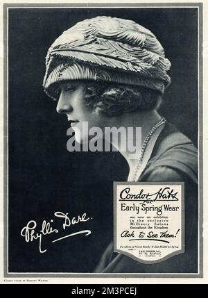 Early spring wear skull cap cloche hat.  Modeled by Phyllis Dare (1890 - 1975), English singer and actress, famous for her performances in Edwardian musical comedy and other musical theatre in the first half of the 20th century.    1923 Stock Photo