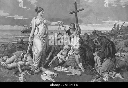 A rather biased allegorical illustration by Fortunino Matania showing Justice, with her foot on the prostrate giant of Germany, holding her sword in one hand and scales in another, weight the helmet and sword of Germany.  Beside her are women, children and the elderly who have suffered through the actions of Germany.  A mine and sinking ship is shown behind her, a reminder of the U-boat campaign and the loss of civilians including women and children at sea.  Beside her, a woman calls for vengeance above the body of her dead child and another woman and old man point avenging fingers at the fall Stock Photo