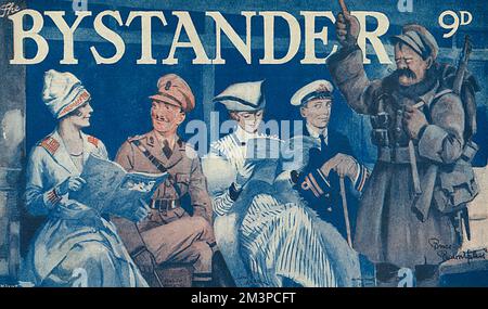 Masthead of The Bystander magazine featuring characters on a London tube train (or bus?) drawn by some of the magazine's most regular artistic contributors.  One the left a lady by Wilmot Lunt, an army officer by Helen McKie, a lady by Lewis Baumer, a naval officer by Arthur Watts and on the far right, Old Bill, the famous soldier character created by Captain Bruce Bairnsfather.       Date: 1919 Stock Photo