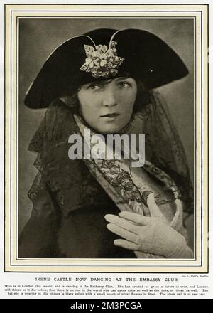 Irene Castle (1893  1969), American Dancer most famous for dancing with her husband Vernon Castle. The bob was named after her in 1915, when she cut her hair short for convenience, naming her Castle Bob.  Here photographed dancing at the Embassy Club, London.  1923 Stock Photo