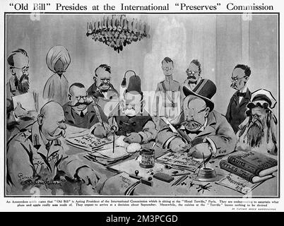 'As Amsterdam cable states that &quot;Old Bill&quot; is Acting President of the International Commission which is sitting at the &quot;Hotel Terrific&quot; Paris.  They are endeavouring to ascertain what plum and apple really was made of.  They expect to arrive at a decision about September.  Meanwhile the cuisine at the &quot;Terrific&quot; leaves nothing to be desired.'  One of Bairnsfather's most famous cartoons during the Great War was a disgruntled old Bill grumbling about the army issue plum and apple jam.        Date: 1919 Stock Photo