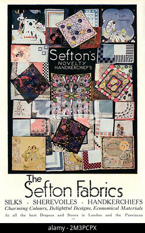 Advertisement for silks, sherevoiles and handkerchiefs from Sefton's, one of the leading manufacturers of fashionable textiles in the early 20th century.       Date: 1920 Stock Photo