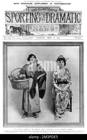 Front cover of The Illustrated Sporting and Dramatic News reporting on the premier in London of a new play, Pygmalion, by George Bernard Shaw with Mrs Patrick Campbell in the role of Eliza Doolittle.       Date: 1914 Stock Photo