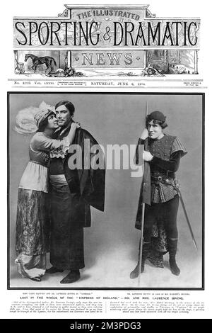 Front cover of The Illustrated Sporting and Dramatic News with photographs of actors, Laurence Irving (son of Sir Henry Irving)  and his wife Mabel Hackney, both of whom were lost when the Empress of Ireland sank in the St. Lawrence River on 29 May 1914.       Date: 1914 Stock Photo